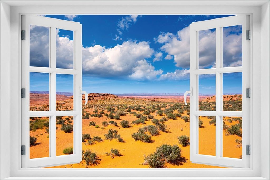 Wallario Poster mit Fenster-Illusion: Wüste in Arizona - blauer Himmel mit Wolken I, Größe: 100 x 150 cm