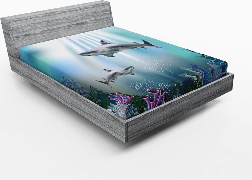 ABAKUHAUS Unterwasser- Spannbetttuch, Realistische Illustration Wild Haie und Pflanzen Korallen Meeresalgen Aquatic Ocean Life, 180 x 200 cm, Mehrf...