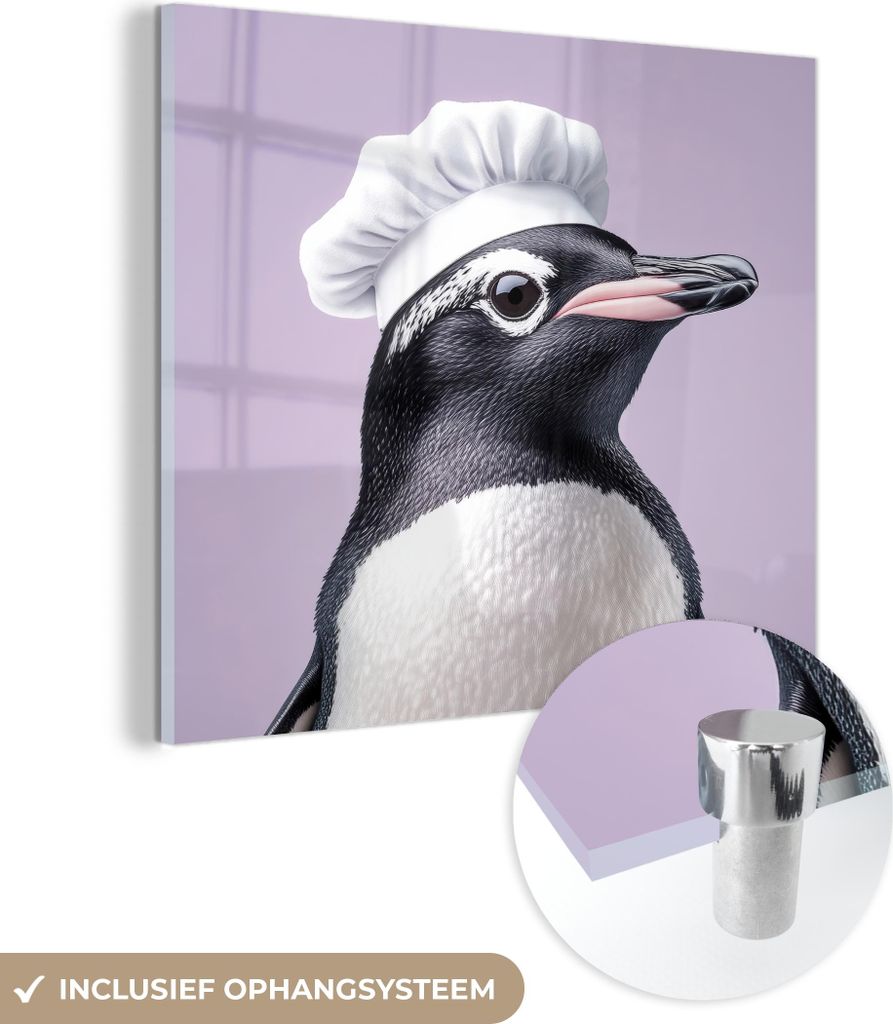 MuchoWow Glasbilder - Bilder auf Wandbild - Foto auf Glas Pinguin - Kochmütze - Süß - Lila 40x40 cm Wanddekoration aus Glas - Acrylglasbild - Ac...