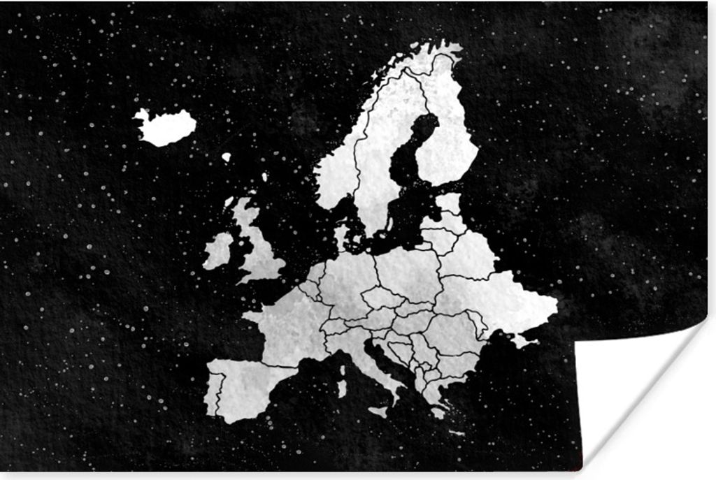 MuchoWow Poster Europa-Karte auf Sternenhintergrund von Aquarell - schwarz und weiß 120x80 cm - Bilder
