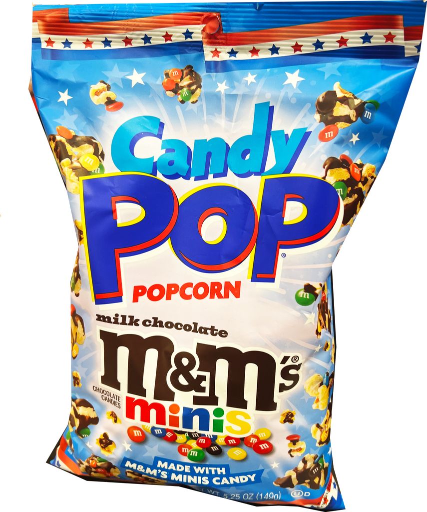 A bag of Candy Pop popcorn with M&M's minis.