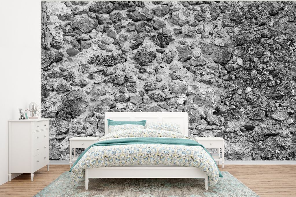 MuchoWow Fototapete für Wohnzimmer oder Schlafzimmer Wandtapete Vinyl Motivtapete Mauer - Steine - Mittelalter - Schwarz - Weiß - 375x280 cm - ...