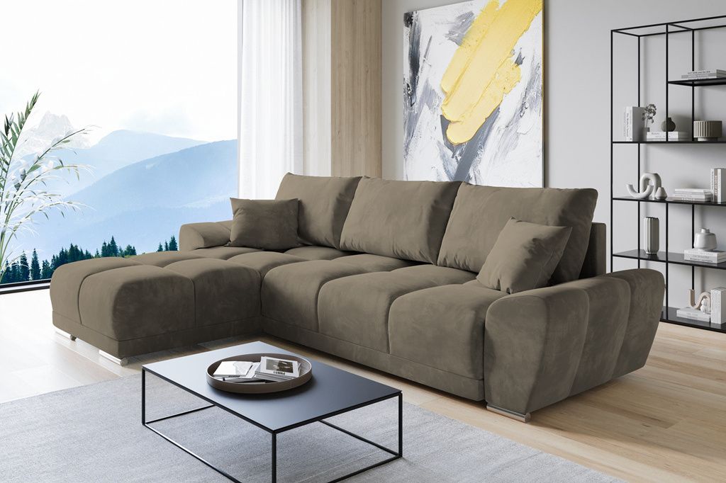 Easy Furniture Velvet Ecksofa in L-FORM Universelle Seitenauswahl 289 x 189 cm - Sofa mit Schlaffunktion - Schlafsofa mit Bettkasten - Farbe: Beige