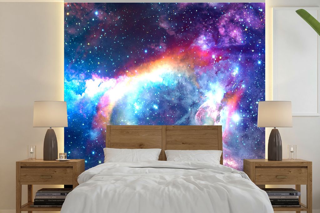 MuchoWow Fototapete für Wohnzimmer oder Schlafzimmer Wandtapete Vinyl Motivtapete Weltraum - Regenbogen - Farben - 280x280 cm - Hintergrundbild