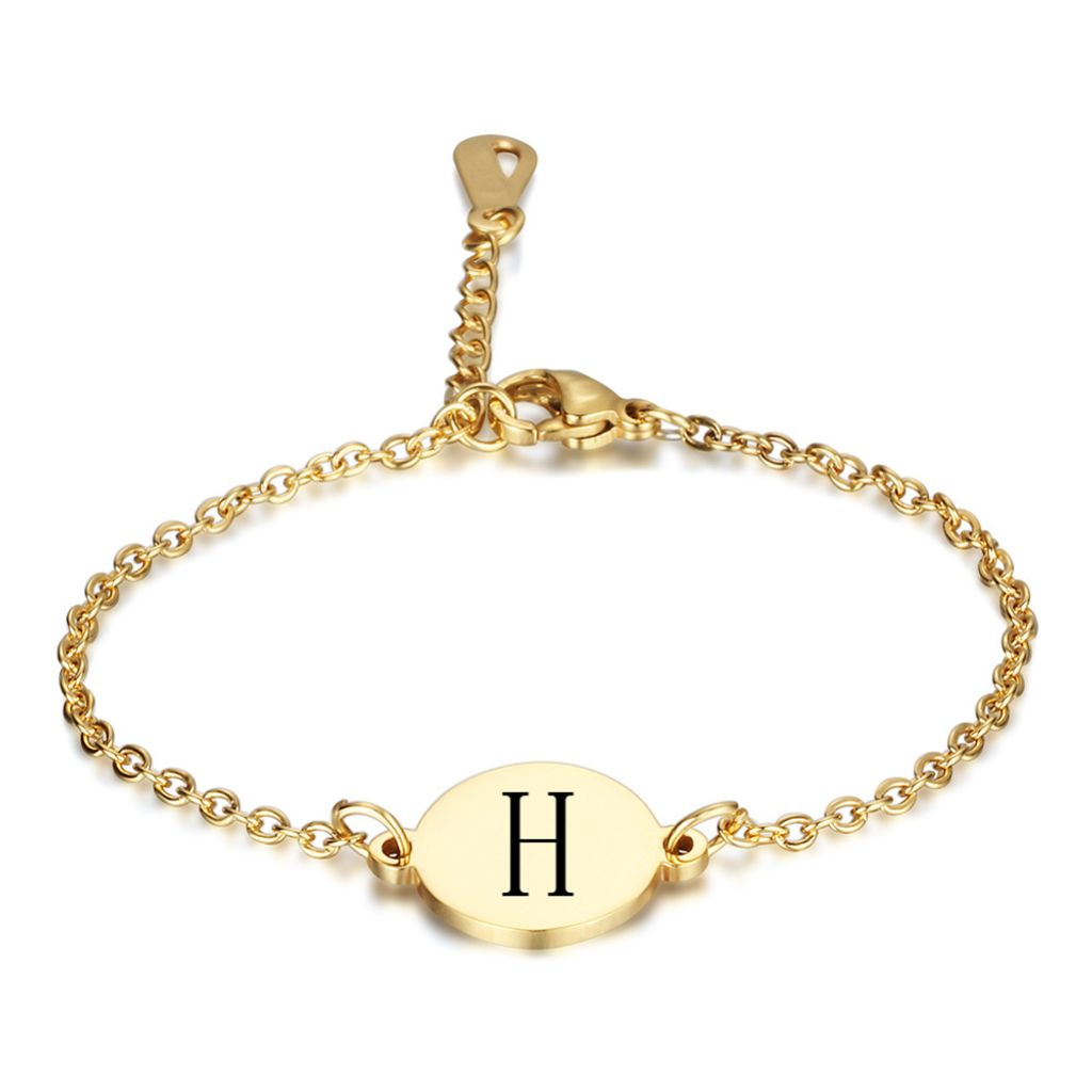 Frauen Englisch Buchstaben Runde Charme Titan Stahl Kette Armband Armreif Schmuck-Golden H