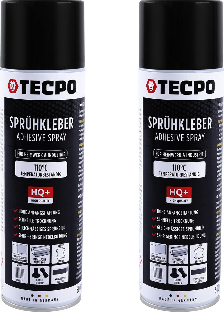 TECPO 1K Sprühkleber 2x 500ml Spray Kleber für Dachhimmel Schaumstoff, Wolkenhimmel und Akustikpaneele Klebespray transparent bis 110°C Hitzebes...