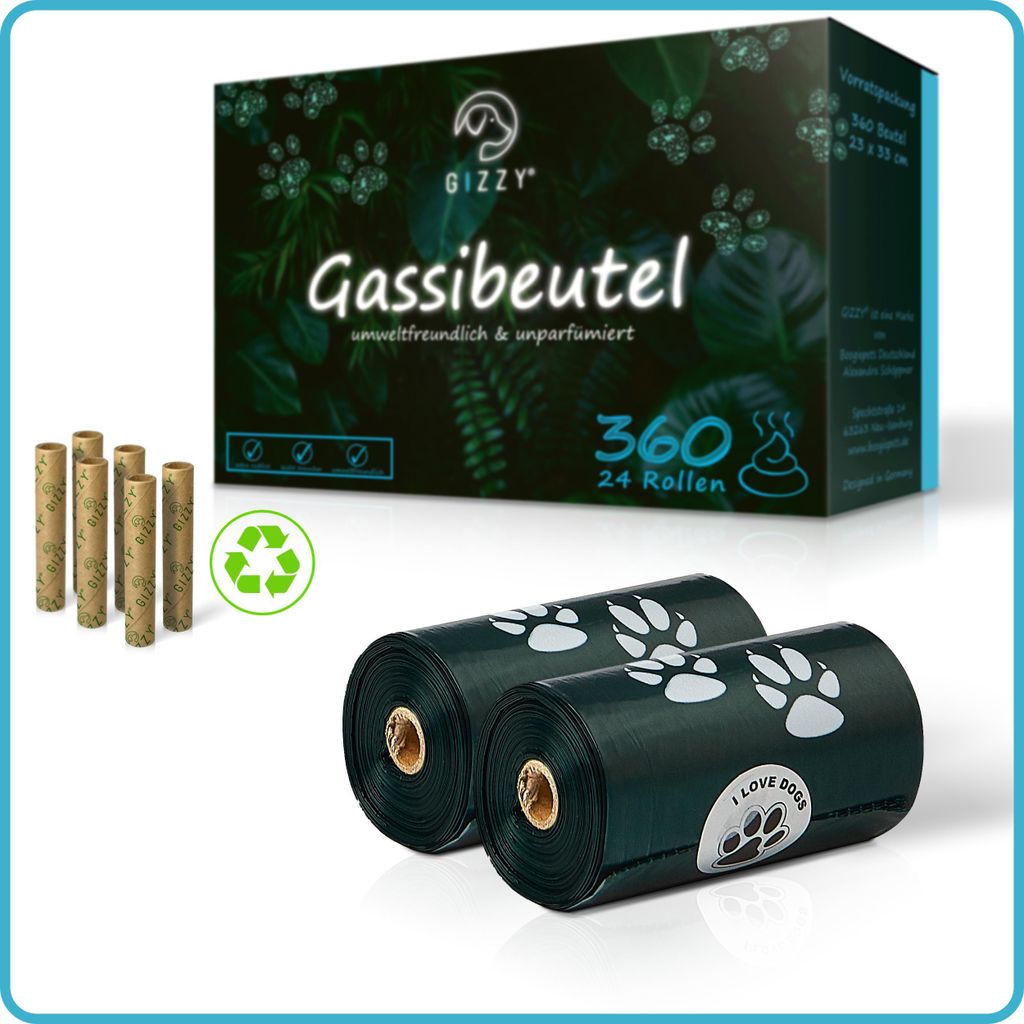 GIZZY 360x Hundekotbeutel I 24x Rollen Kotbeutel für Hunde I Auslaufsichere Kackbeutel für Hunde I Ohne Duft I Dog Poop Bags
