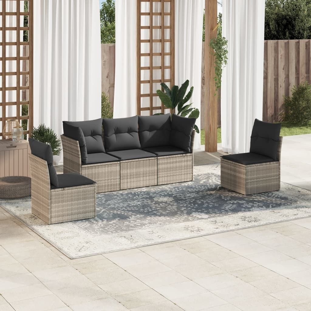 Industrie-Stil 5-tlg. Garten-Sofagarnitur Sofa Set mit Kissen Hellgrau Poly Rattan Terrassenmöbel2024 cloris