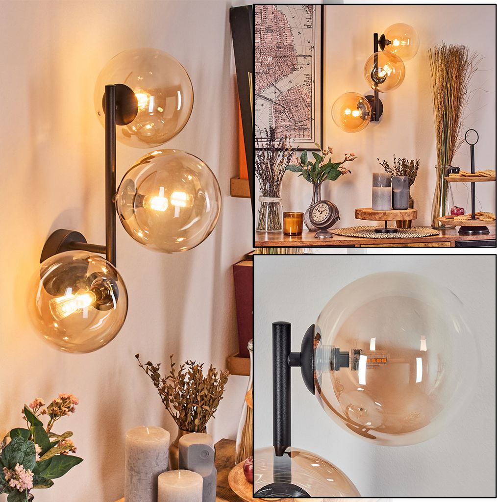 Isorella Wandlampe aus Metall/Glas in Schwarz/Bernsteinfarben/Klar