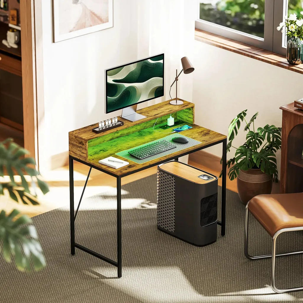 Bureau Informatique pour Petit Espace - Style Rustique avec LED 100cm - 2