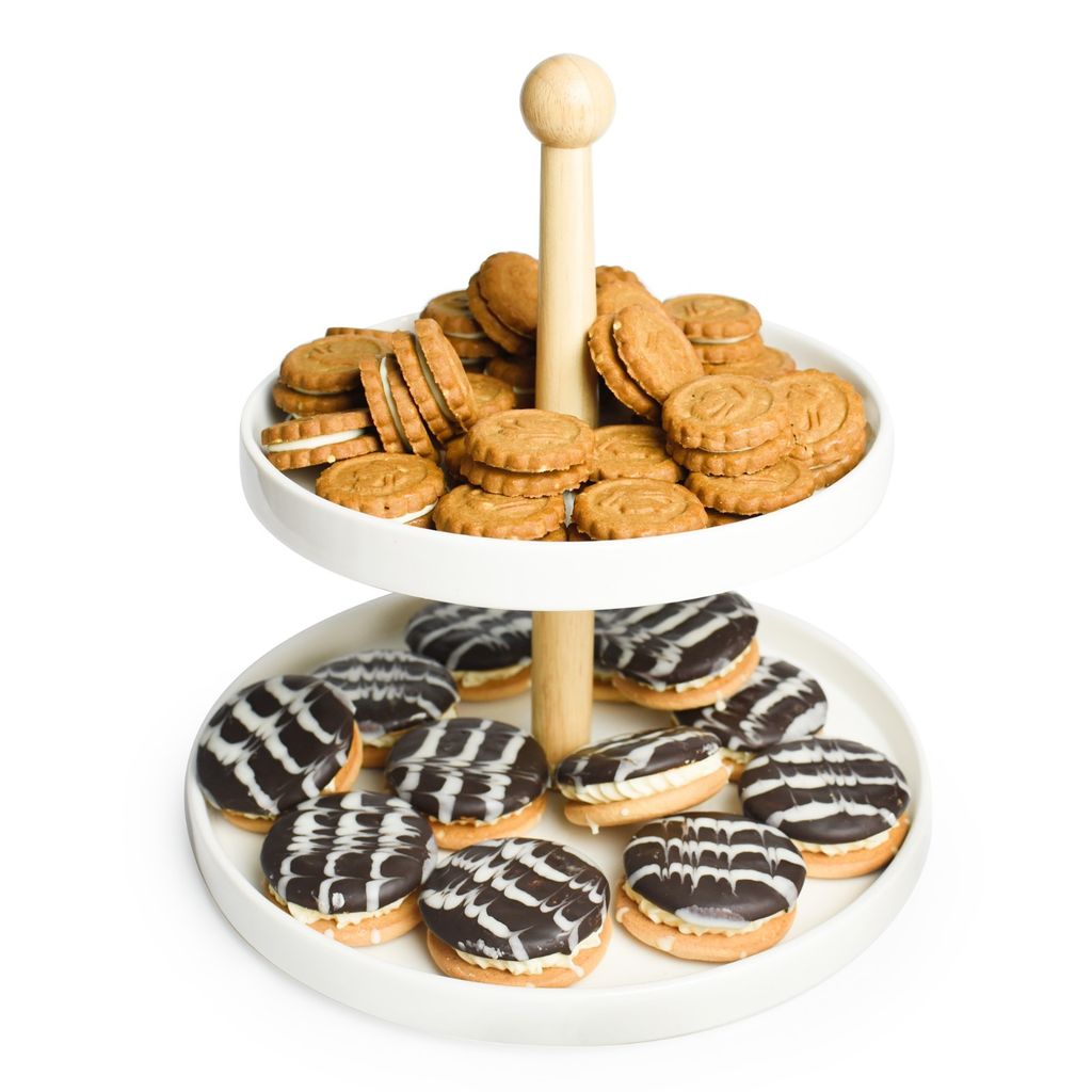 Etagere 2 Stöckig aus Porzellan mit Holzstamm Kuchenplatte Produktbild 