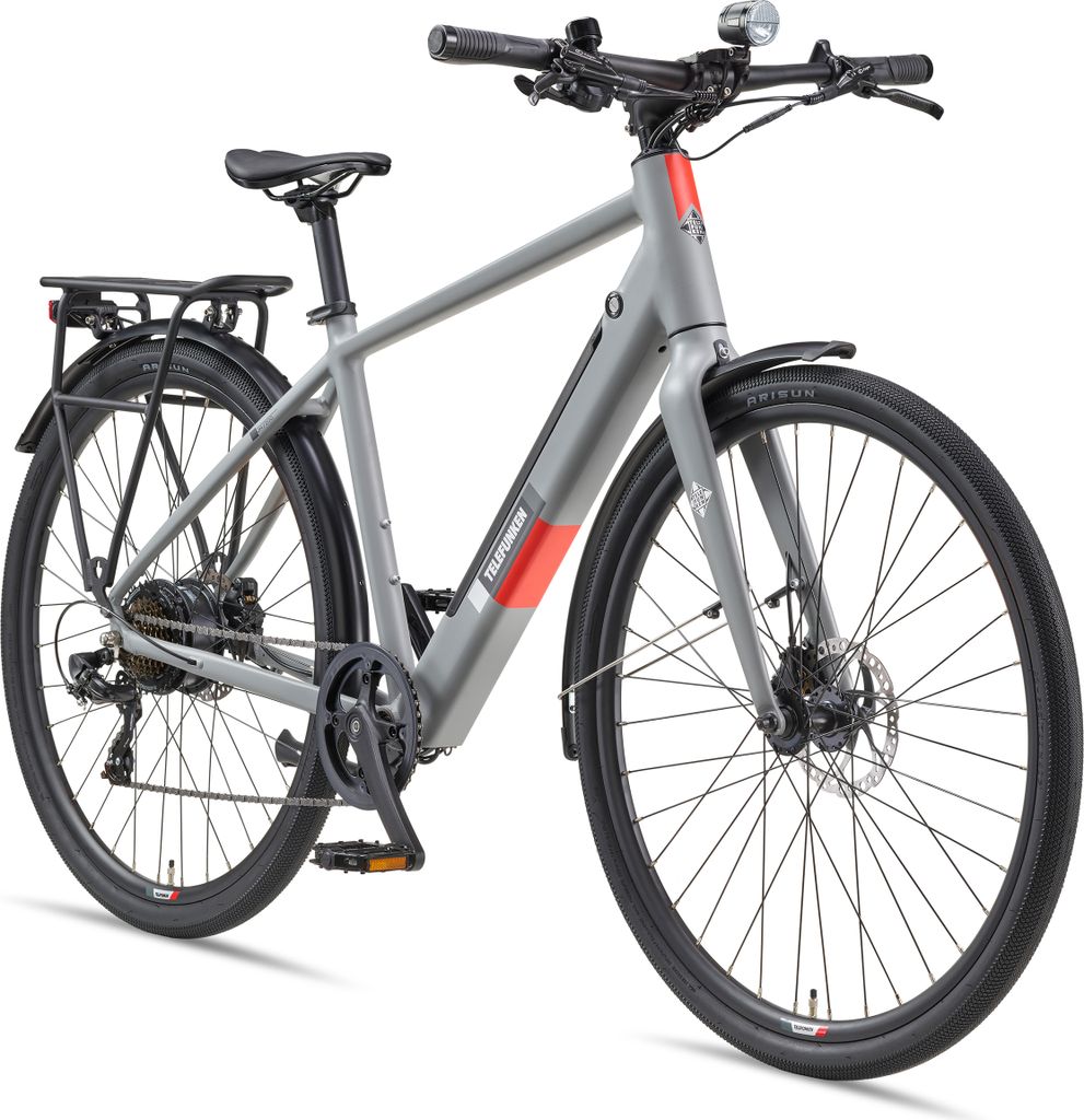A studio shot of a gray electric bicycle against a white background.