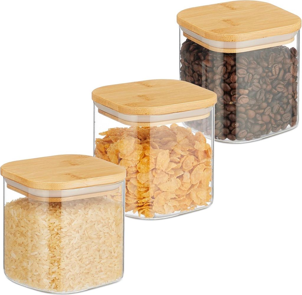 Relaxdays Vorratsgläser mit Bambusdeckel, 3er Set, eckige Produktbild 