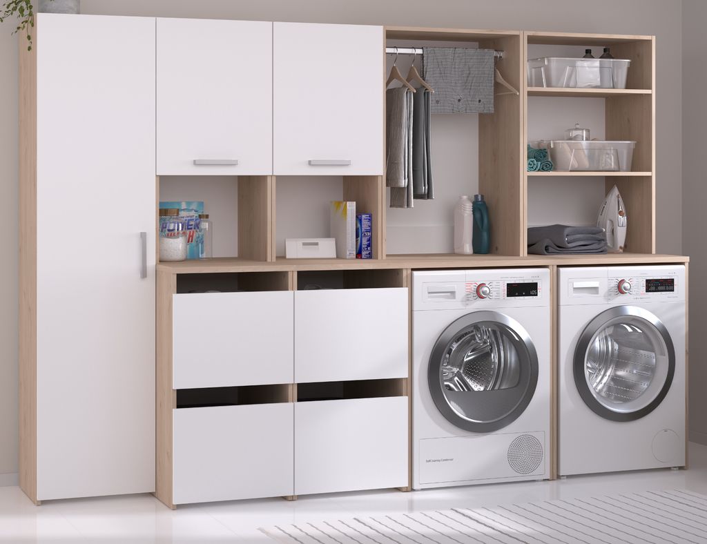 A laundry room with a modular cabinet system, two washing machines, and various laundry supplies.