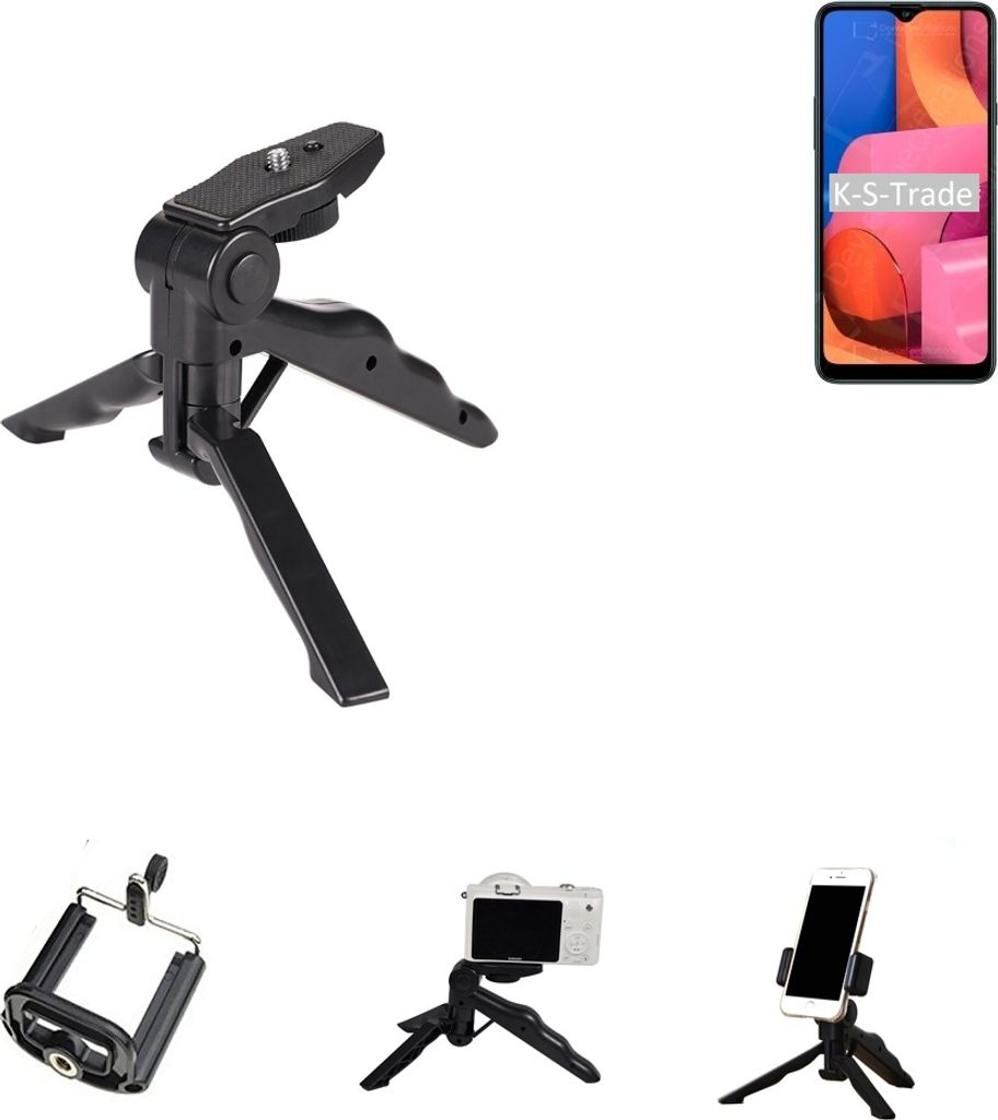 K-S-Trade Stativ Tisch-Ständer Dreibein Handy-Stativ Ständer kompatibel mit Samsung Galaxy A20s Mini-Stativ Smartphone Tripod Handy-Stativ aus