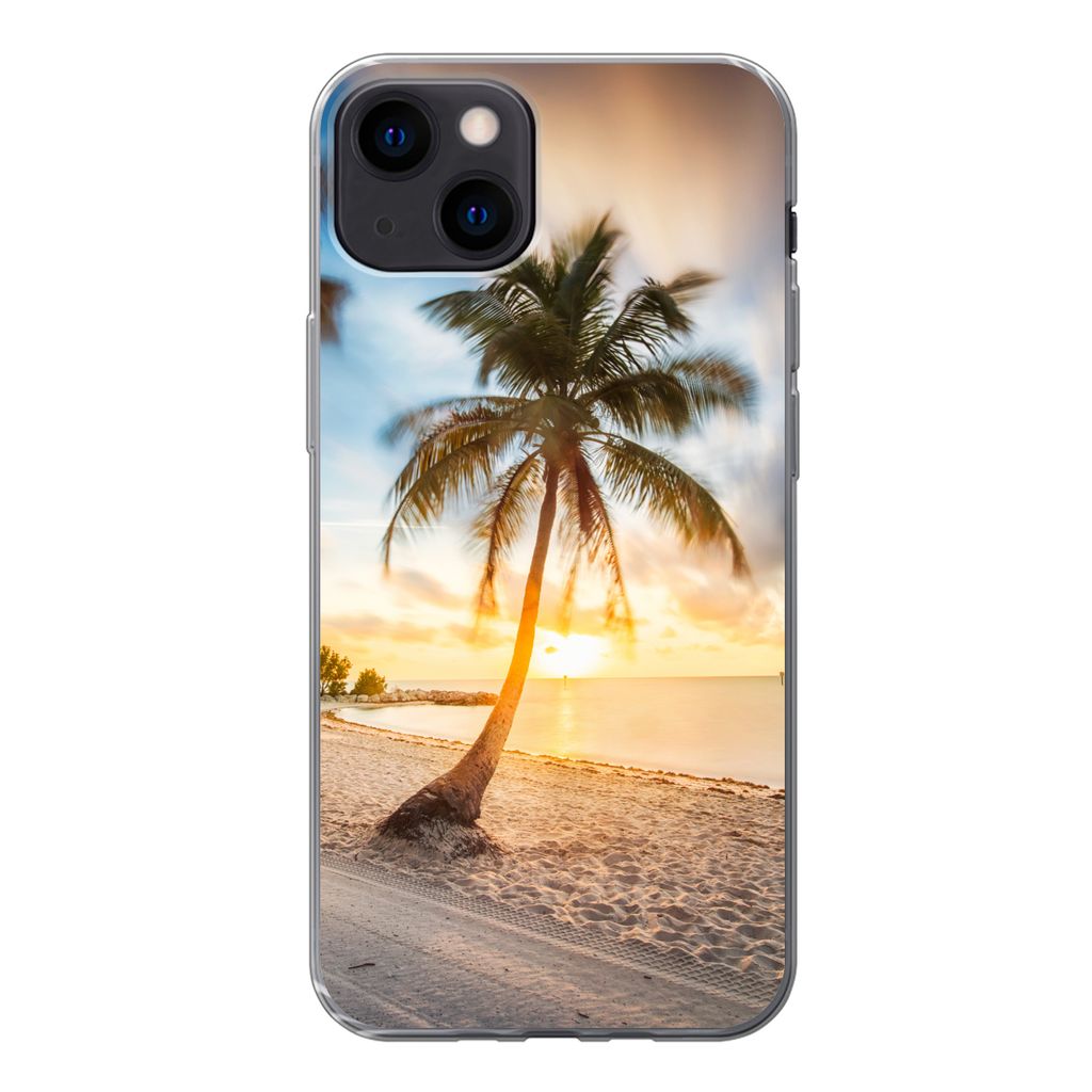 MuchoWow Handyhülle Schutzhülle Hülle für iPhone 13 Sonnenuntergang - Strand - Palme Silikon Softcase Handy Hülle - Karteninhaber