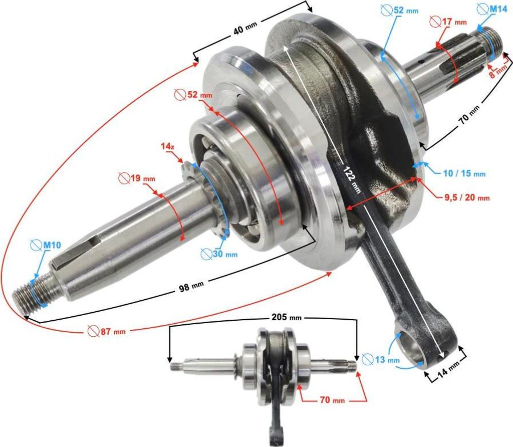 Kurbelwelle 110 cm³ Motor, Gesamtlänge 205 mm, Pleuellänge 122 mm, Lager 52 mm, montagefertig