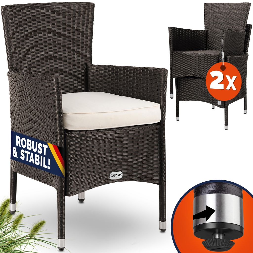 CASARIA Gartenstühle 2er Set Polyrattan Stapelbar mit Auflagen 160kg Belastbarkeit Wetterfest Outdoor Garten Terrasse Balkon Stapelstuhl Stuhl S...