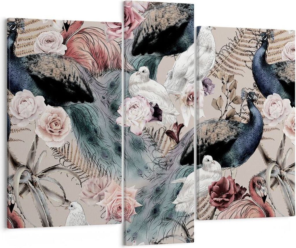 Bild auf Leinwand - Leinwandbild - 3 Teile - Pfauen Squab Flamingos - 95x80cm - Wand Bild - Wanddeko - Wandbilder - Leinwanddruck - Bilder - Wandde...