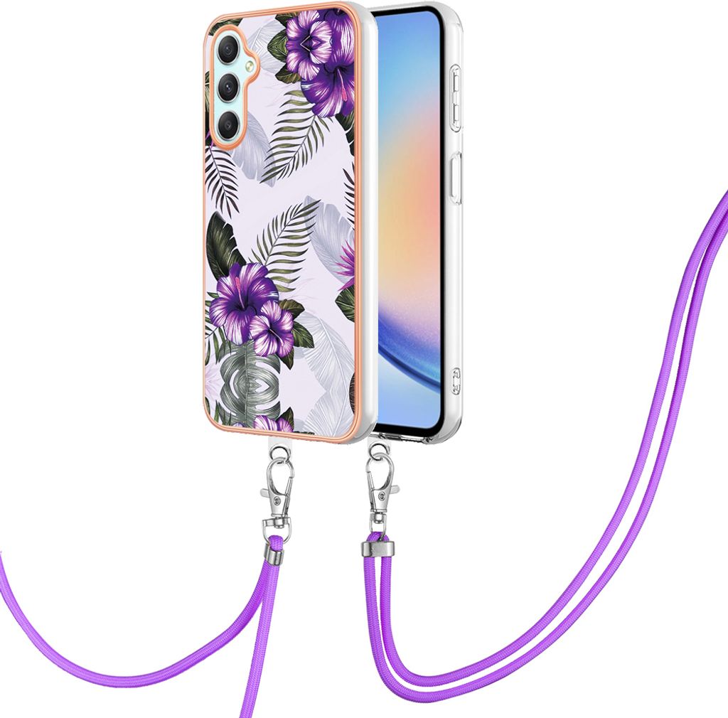 Handykette Hülle für Samsung Galaxy A25 Muster TPU Schutzhülle mit verstellbarem Tragegurt Lila