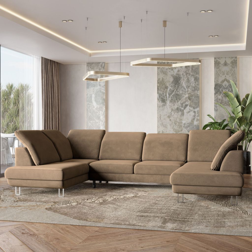 Masseno Ecksofa TERAMO mit Schlaffunktion U-Form, Sofa mit Bettkasten, Wohnzimmersofa, Couch, Soffa, Bettsofa, Couchgarnitur- Beige, MONOLITH 09