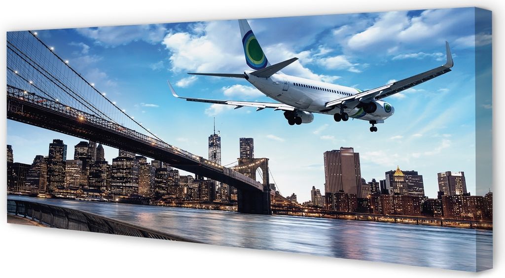 Leinwandbild 125x50 Wandkunst Flugzeug Wolken Stadt