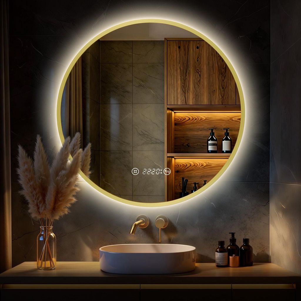 S'AFIELINA Badspiegel mit Beleuchtung Rund 80 cm Diameter, LED Badspiegel mit Touch, Beschlagfrei, Dimmbar, Uhr, Temperatur, Speicherfunktion,Gold