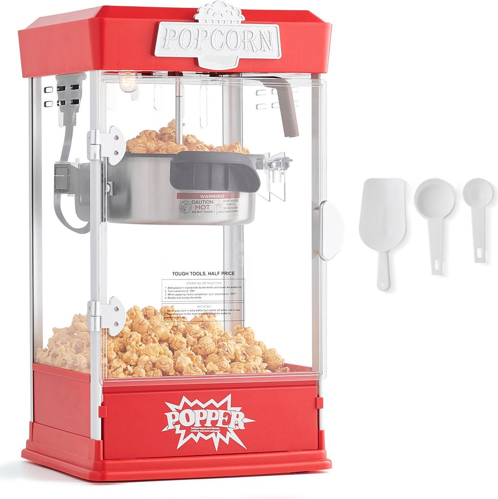 SucceBuy Popcornmaschine, 480 W, 113 g Kessel, 6,3 Liter pro Ladung, Tisch-Popcornmaschine mit 3 Schaufeln, Kino-Stil, rot