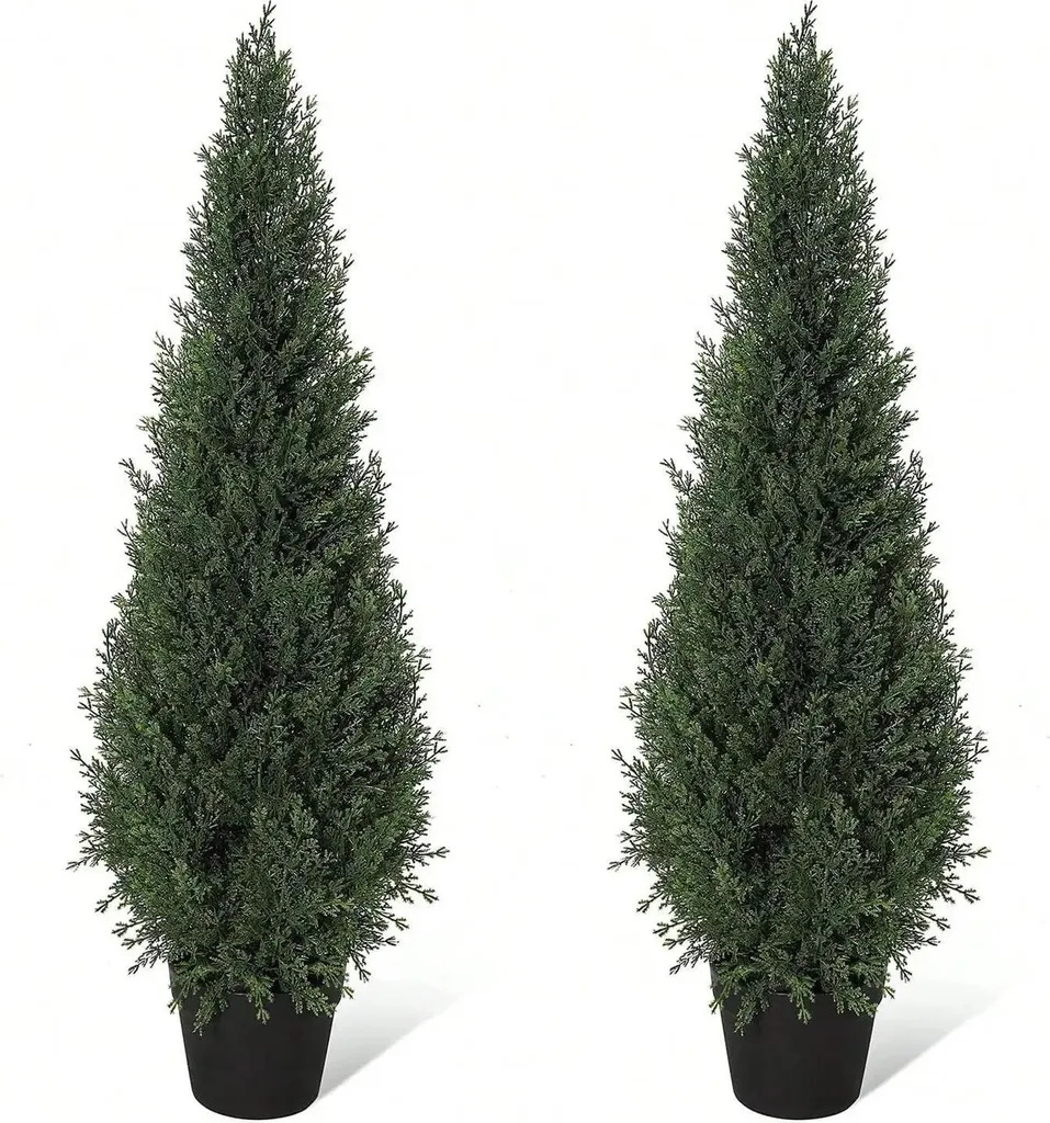 Cedro artificiale - Bonsai in vaso - Set da 2 - Da terra - Per esterni - Plastica - Dimensioni 4XL - Bianco latte