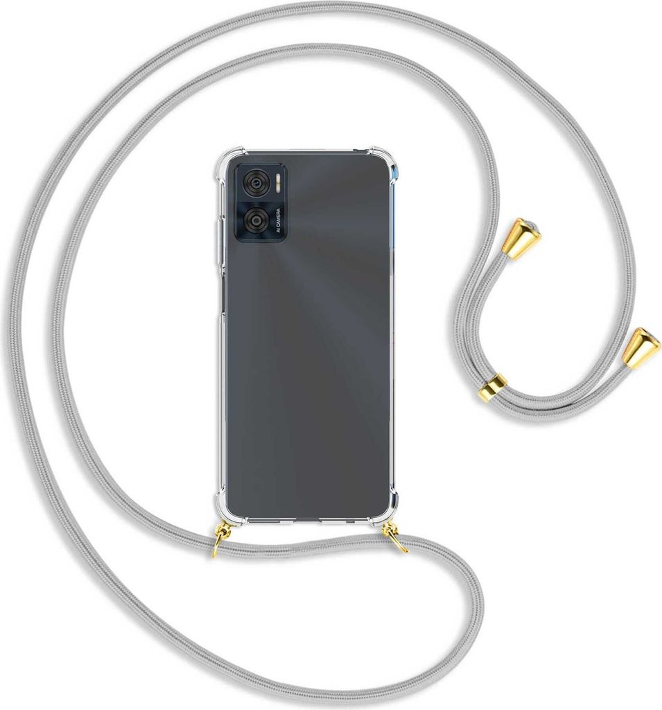 Handykette Backcover-Schutzhülle mit Band (Metall goldfarben) für Motorola Moto E22, Moto E22i 4G - silbergrau