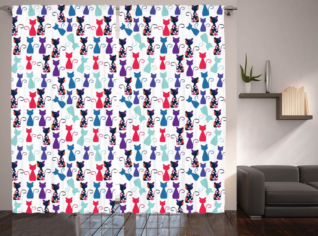 ABAKUHAUS Kätzchen Rustikaler Vorhang, Baby Katzen Blumen Farben, Wohnzimmer Universalband Gardinen mit Schlaufen und Haken, 280 x 225 cm, Mehrfarbig
