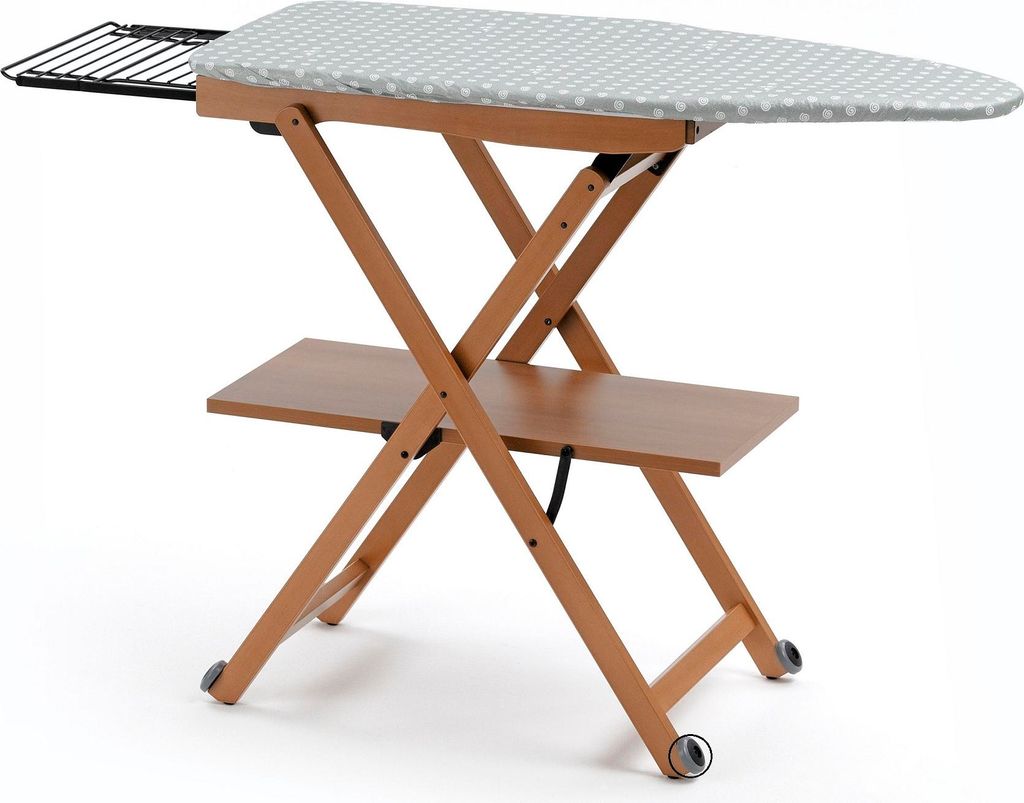 A wooden ironing board with a patterned cover and a shelf underneath, shown against a white background.