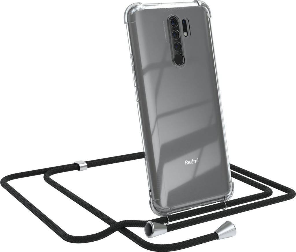 EAZY CASE Handykette kompatibel mit Xiaomi Redmi 9 / Redmi 9 Prime, Handyhülle mit Umhängeband, Handykordel, Schutzhülle Clear, Band in Schwarz