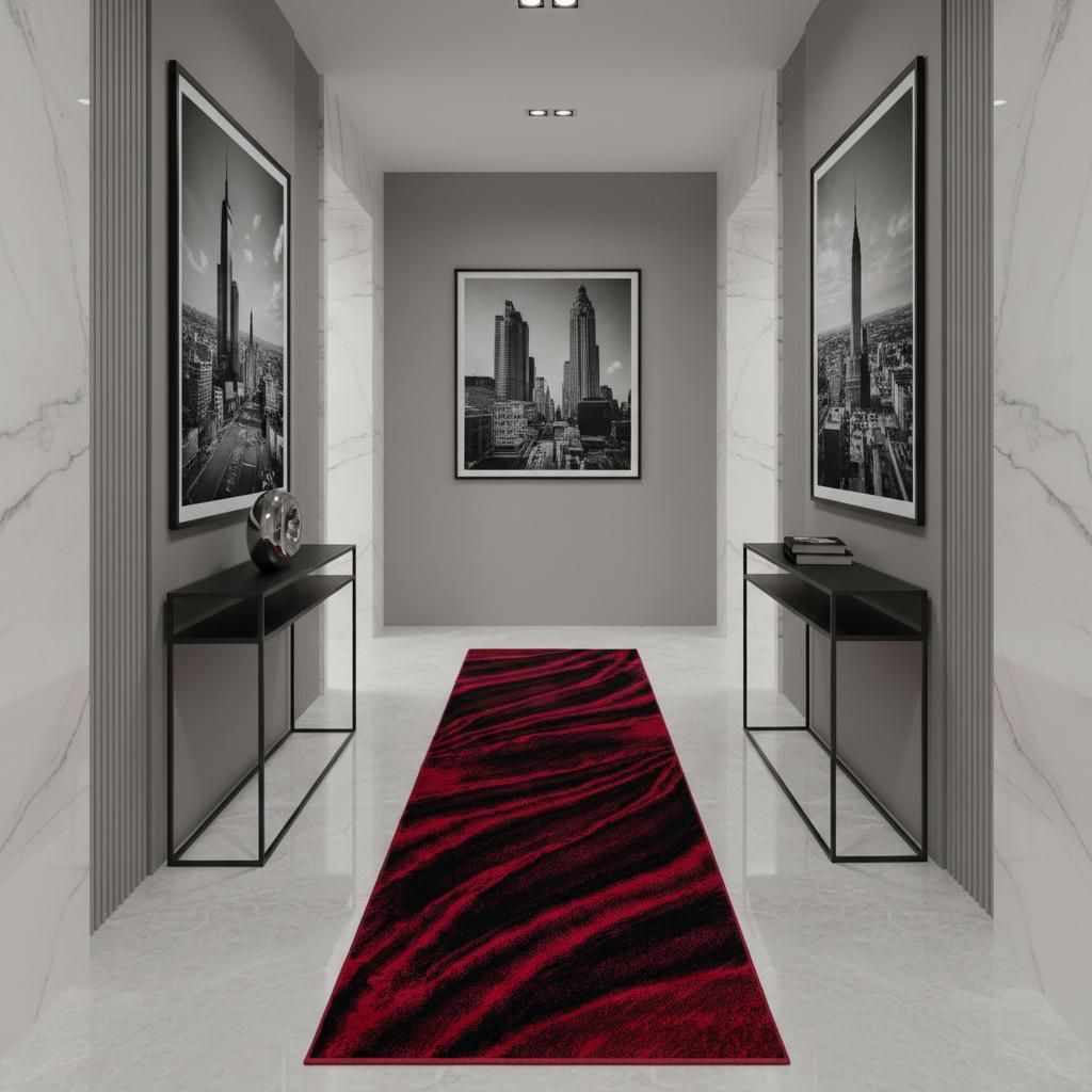 Moderner Teppich Wellenmuster Zeitlos Waschbar Strapazierfähig | Läufer Rot 80x300 cm Flur Saugroboter geeignet Gekettelt | ASPEN – Kadima Design
