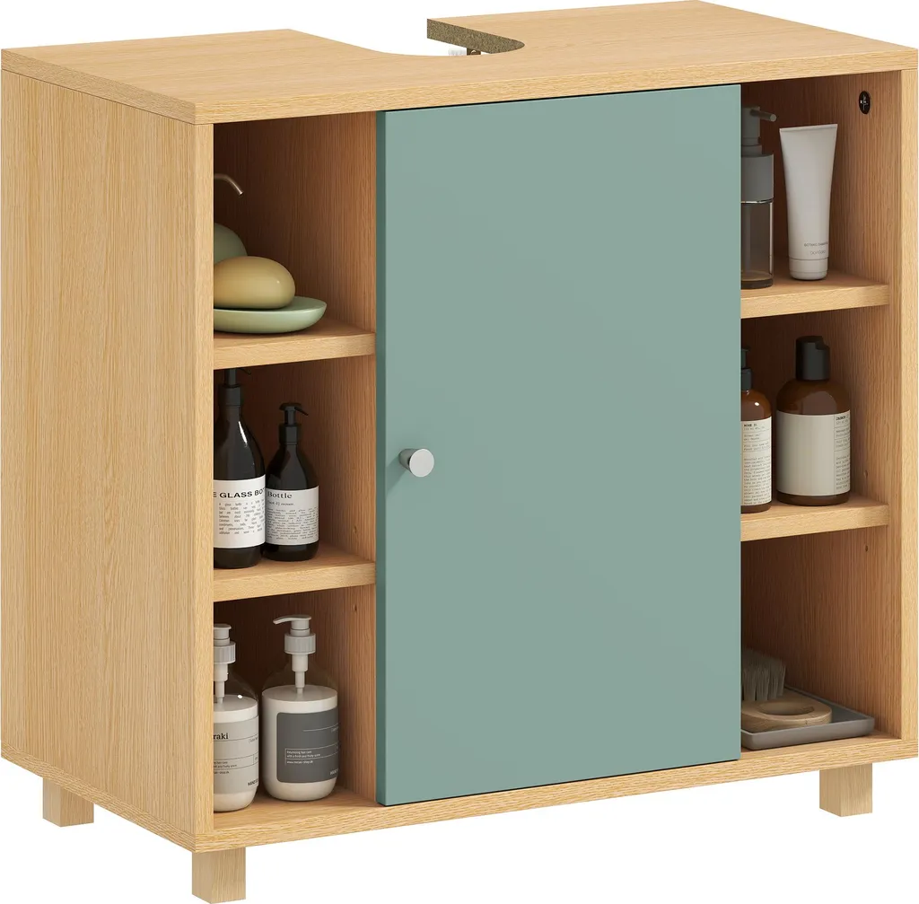 Meuble sous vasque vert 60 cm avec rangement ouvert et porte souple