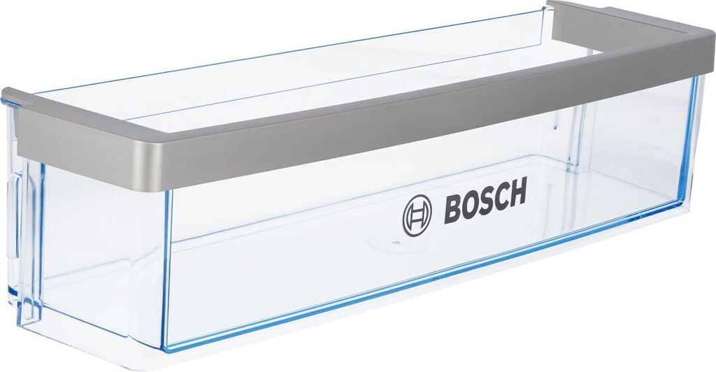 A clear, professional studio shot of a transparent refrigerator door shelf with a silver trim and the Bosch logo.