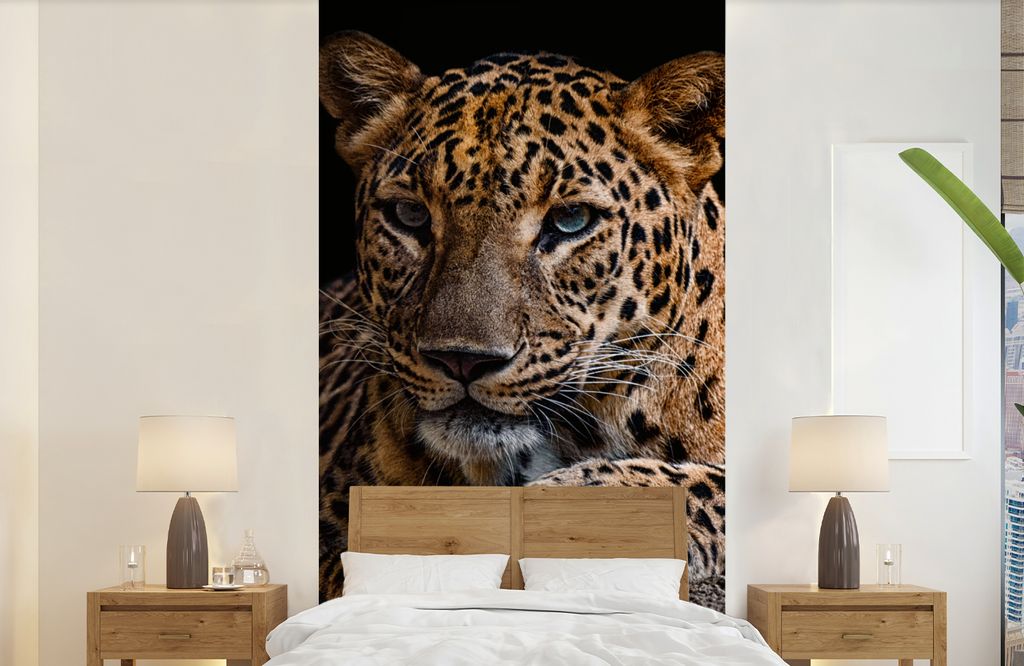 MuchoWow Fototapete für Wohnzimmer oder Schlafzimmer Wandtapete Vinyl Motivtapete Wildtiere - Panther - Porträt - Schwarz - Tiere - 120x240 cm ...