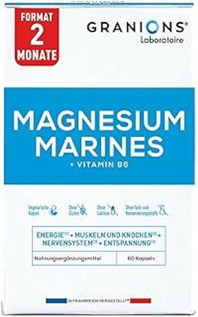 Magnesium 200 mg | Vitamine B6 | Energy | Marine Magnesium - Nervliches Gleichgewicht | Muskeln & Knochen | 60 Kapseln | Granions