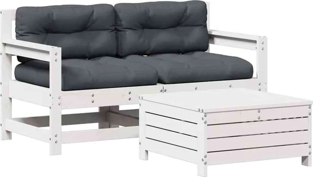 Salon de jardin 3 pièces blanc pin massif : fini le mobilier fragile
