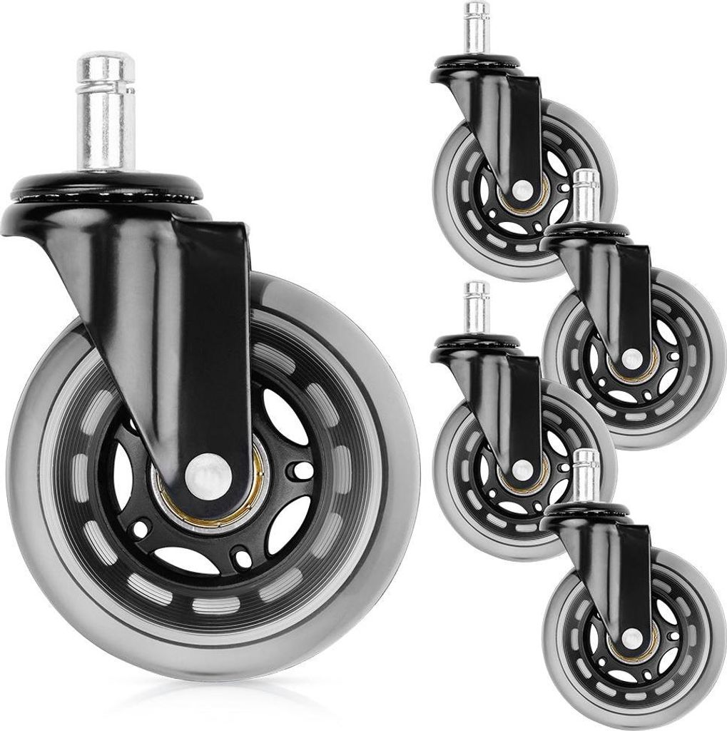 A set of five office chair casters, with one in the foreground and four in the background.