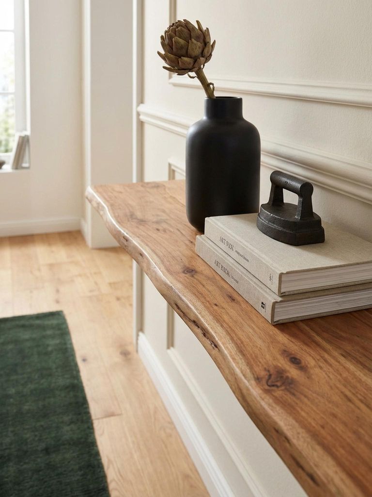 Wandregal mit Baumkante Akazie Massivholz 160 cm, Design Schweberegal Wandboard Massiv, Regal Holz Natur, Landhausstil Hängeregal