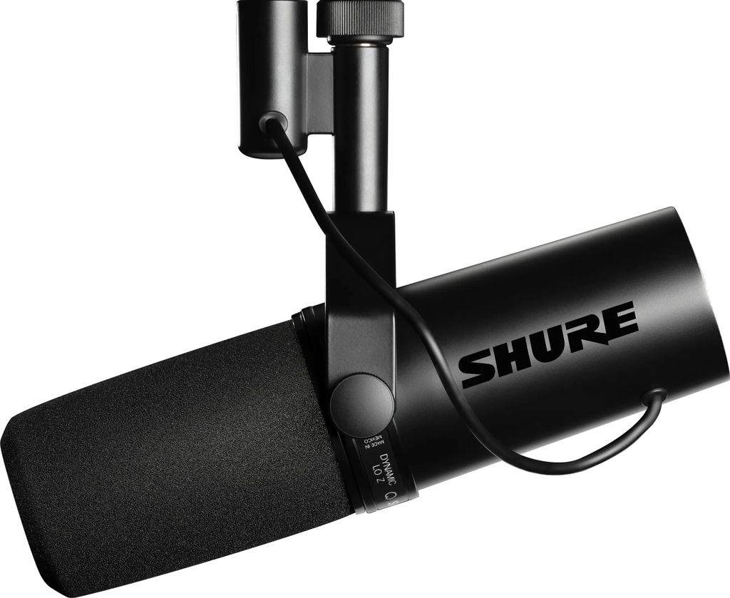 A black Shure SM7DB studio microphone is shown against a white background.