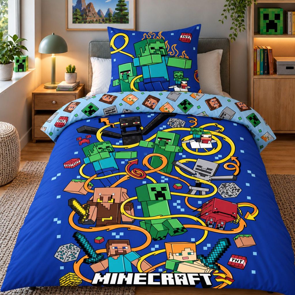 Minecraft Bettwäsche 135x200 80x80cm 2-tlg. Set Slurp Blau Produktbild 