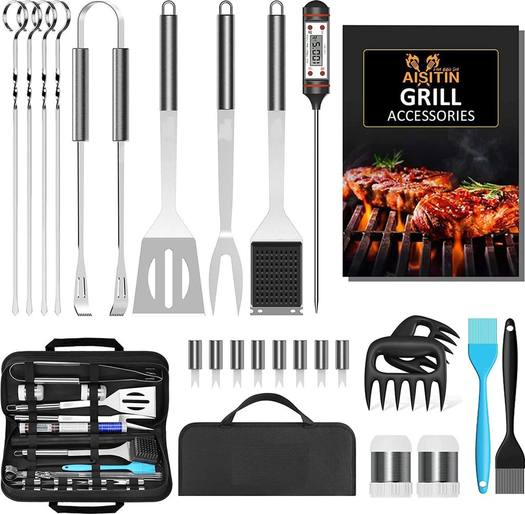 Grillbesteck-Set 25-tlg. – BBQ Grillbesteck Tool Set aus Edelstahl mit Koffer & Grillmatte, hitzebeständig, rutschfest, tragbar, perfekt für Pa...