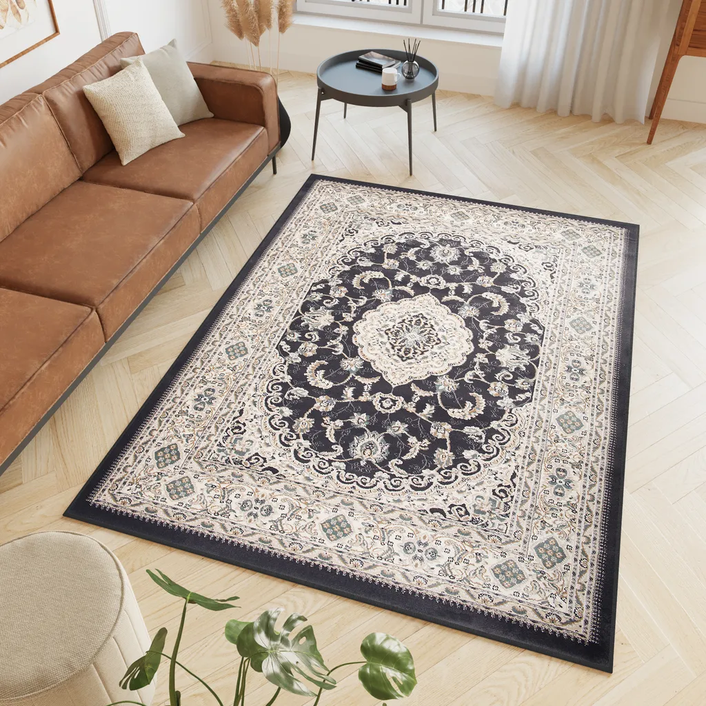Tapis de Chambre Design Classique 140x200 cm Oekotex Crème Noir