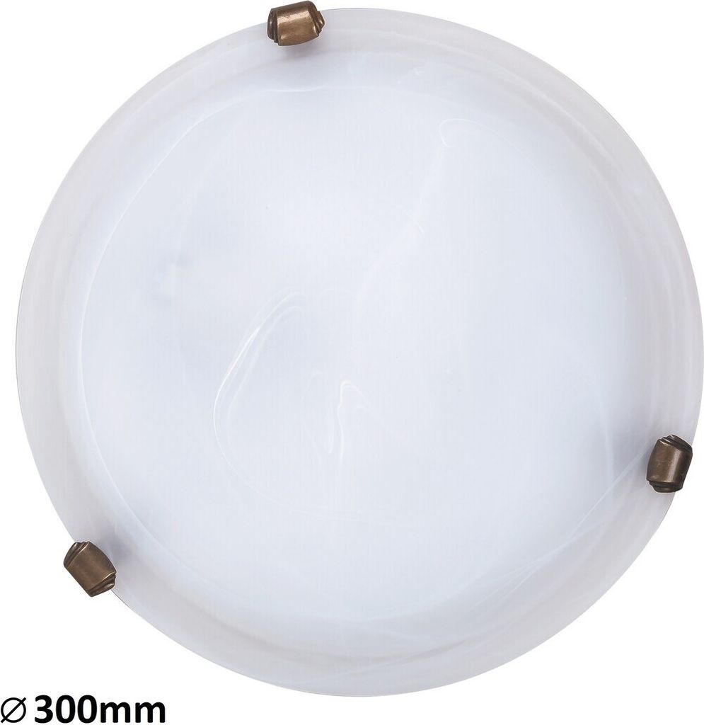 A top-down view of a round, white ceiling light with bronze accents.