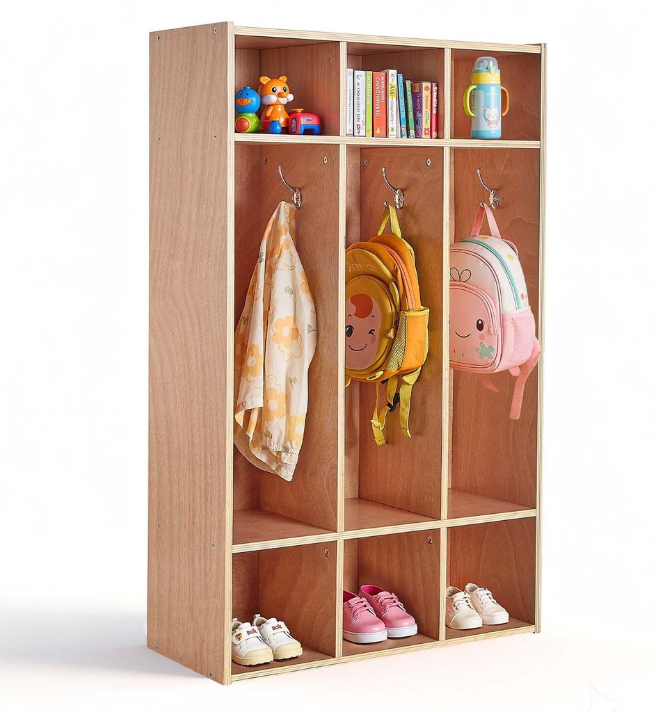 VEVOR Offener Kinderkleiderschrank aus Sperrholz, Kindergarderobe mit 6 Haken & 9 Fächern (3 Groß + 6 Klein), Garderobenregal & Aufbewahrungsrega...