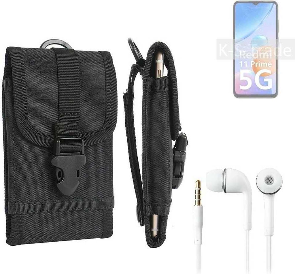 K-S-Trade Holster Schutz Hülle kompatibel mit Xiaomi Redmi 11 Prime 5G Gürteltasche Handy Hülle Tasche outdoor Seitentasche schwarz 1x + Kopfhörer