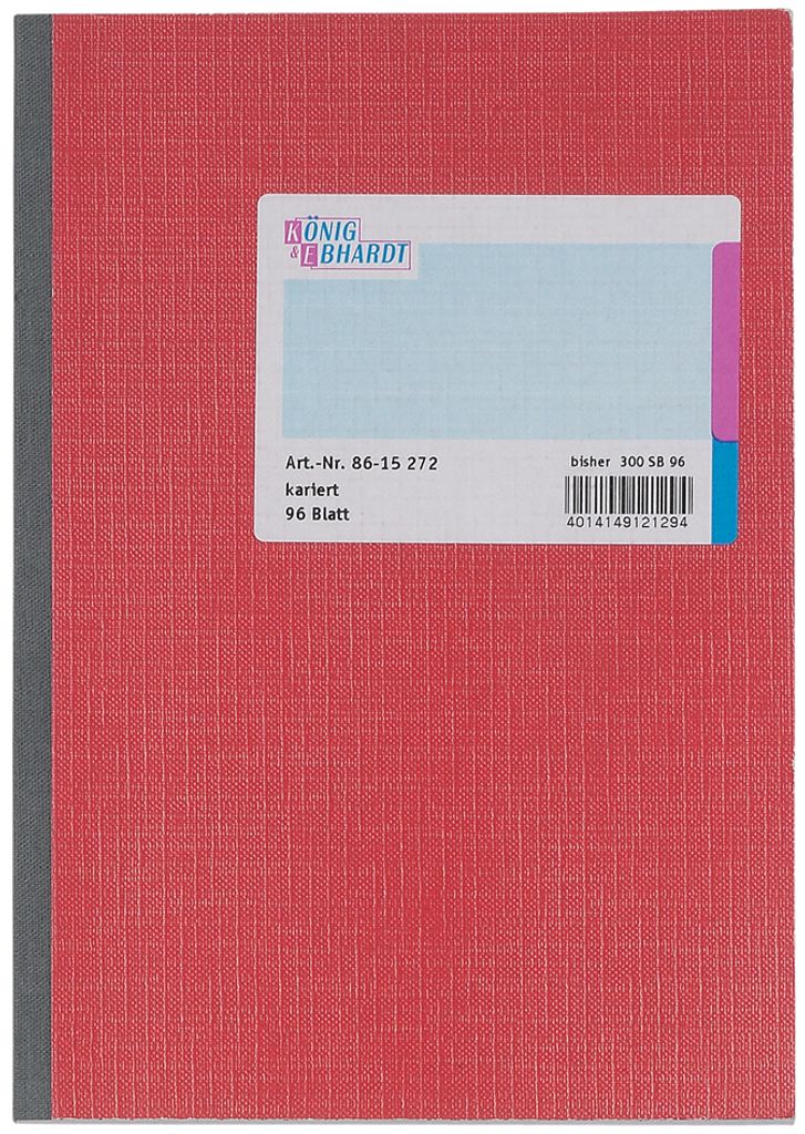 A red notebook with a label showing product information.