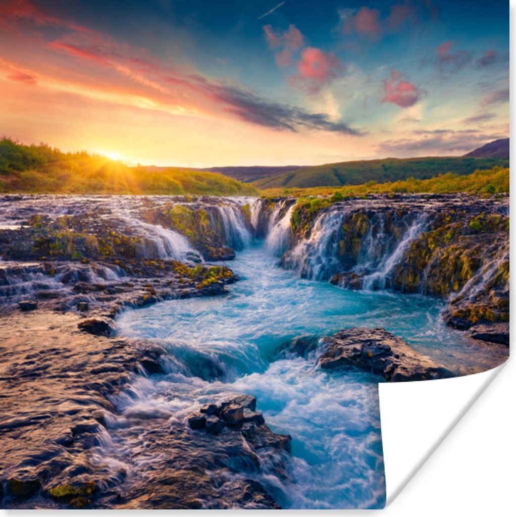 MuchoWow Poster Wasserfall - Pflanzen - Moos - Landschaft - Sonnenuntergang - Fels 75x75 cm - Wand Dekoration
